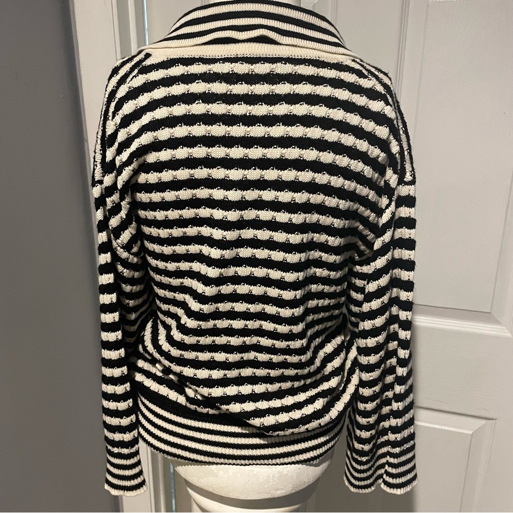 Ramy Brook Black and Cream Striped V-Neck Sweater S/Large - Picture 5 of 6